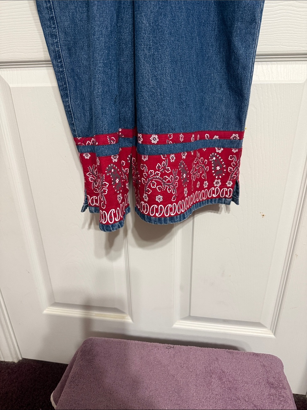 Denim capri Overalls with Red Bandana Trim - Women Capris - Picture 5 of 5